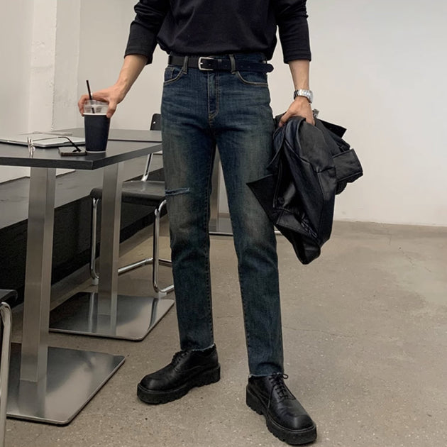 RIPPED ANKLE JEANS - Aumori