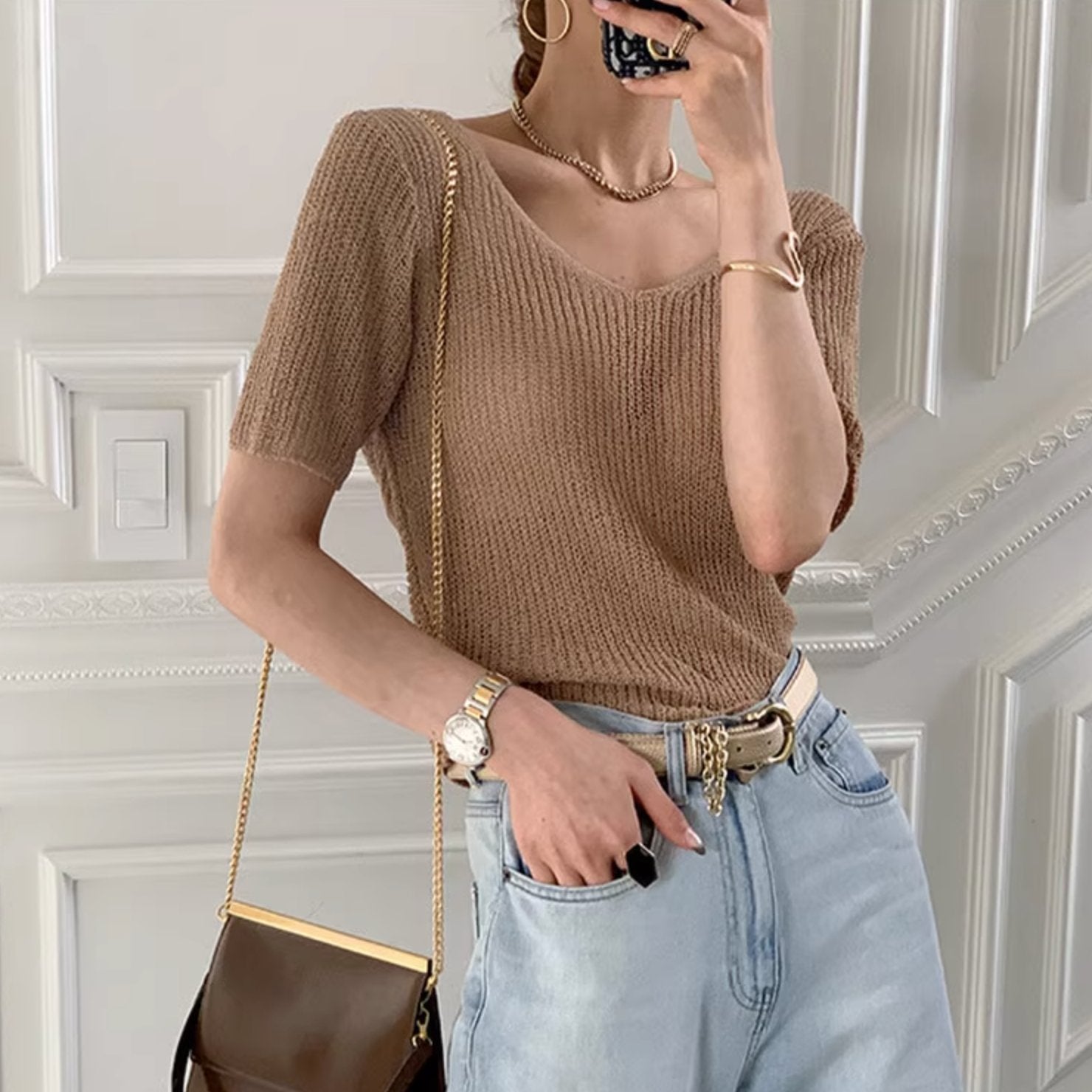 V - NECK KNIT TOP - Aumori