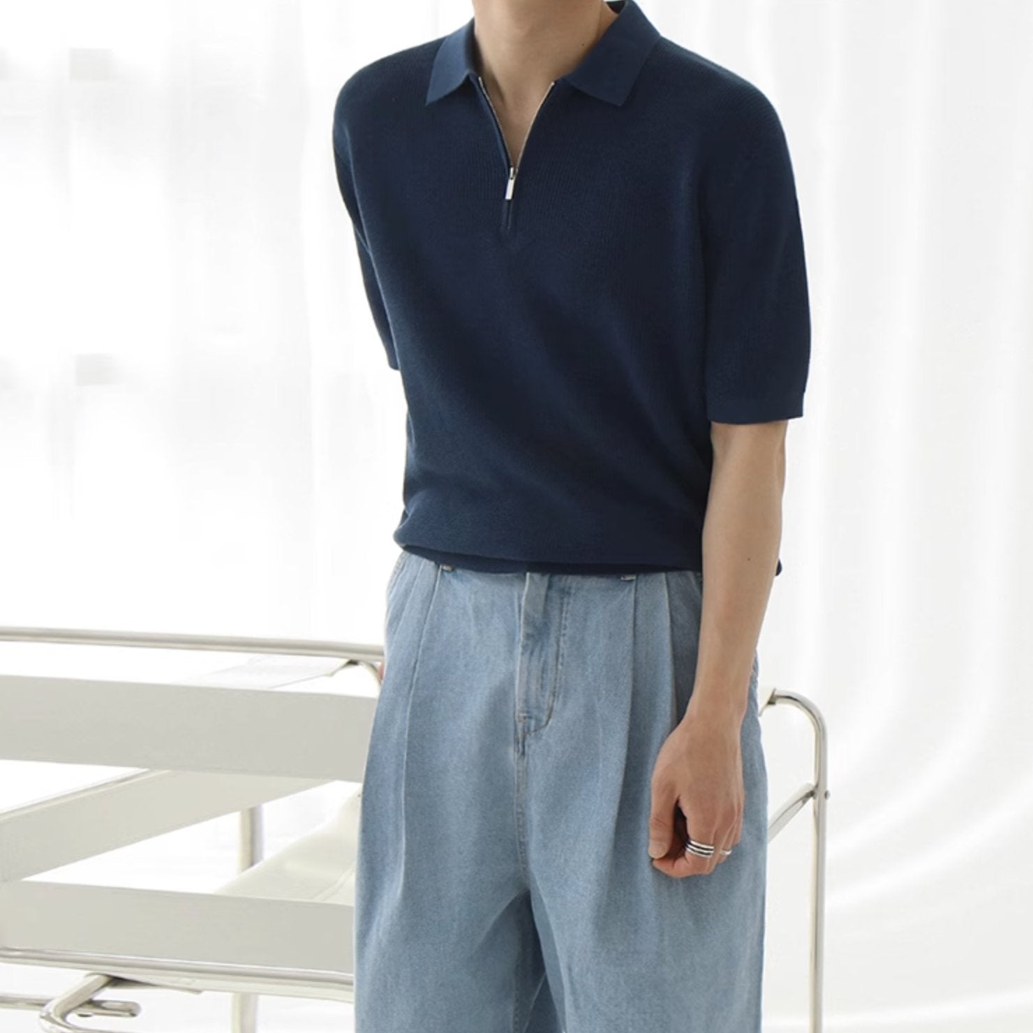 Short Sleeve Blue Zip Up Pullover main image 0