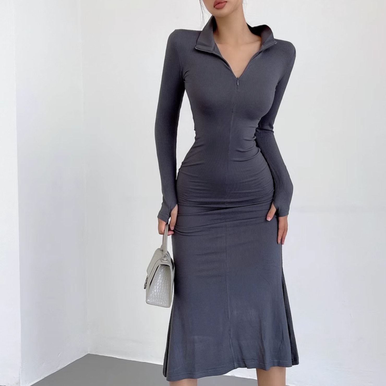 LONG SLEEVE ZIP UP DRESS - Stockbay