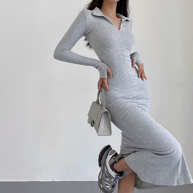 LONG SLEEVE ZIP UP DRESS - Stockbay