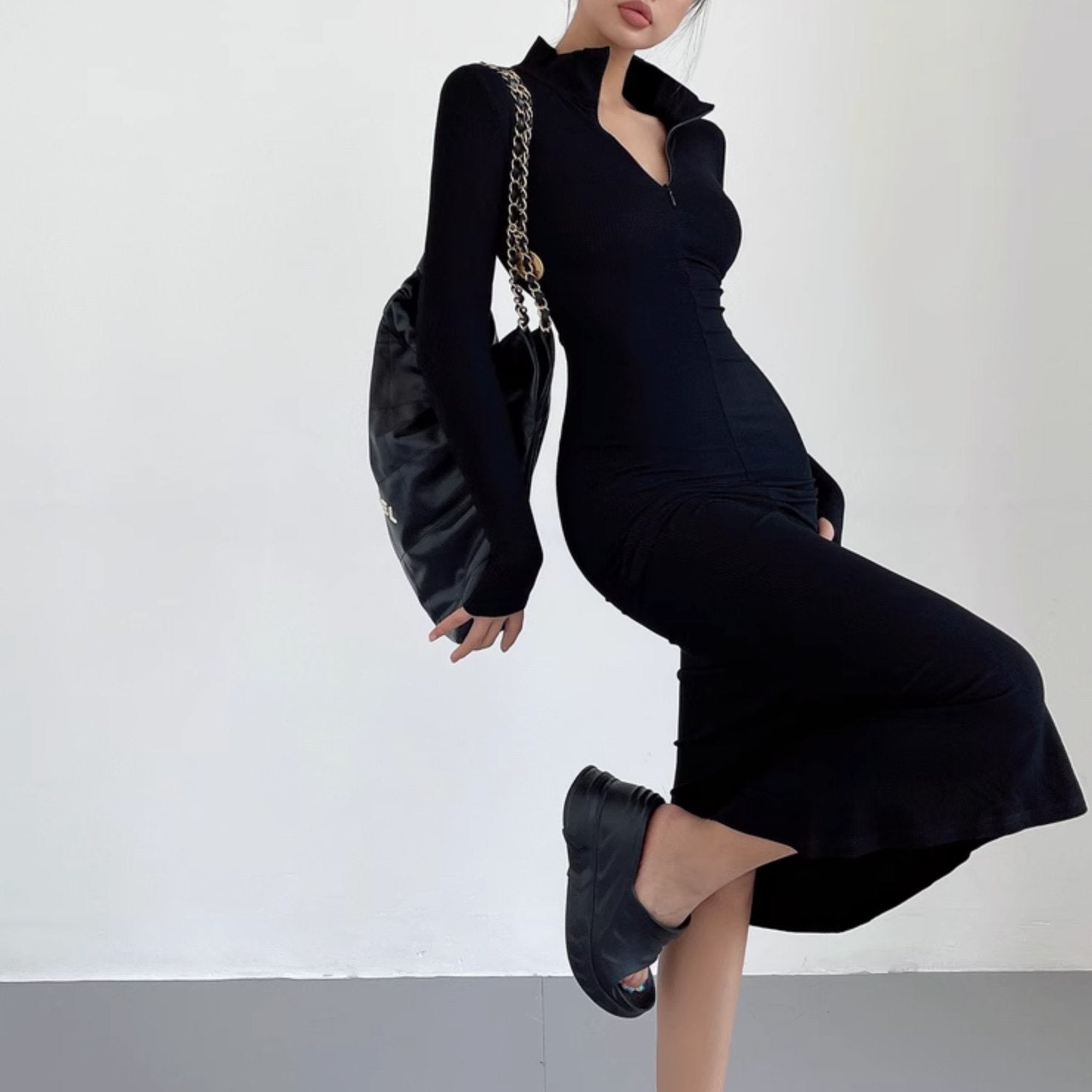 LONG SLEEVE ZIP UP DRESS - Stockbay