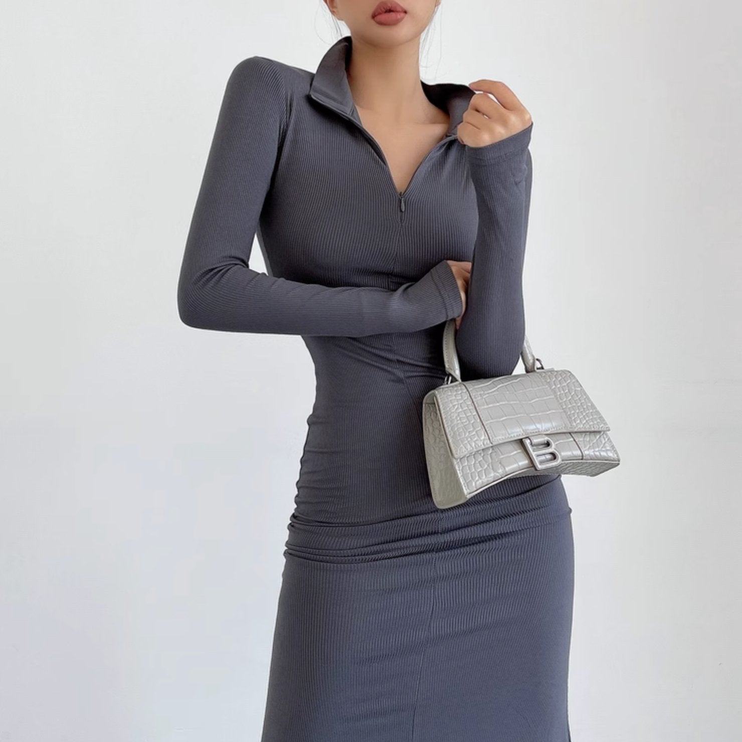 LONG SLEEVE ZIP UP DRESS - Stockbay