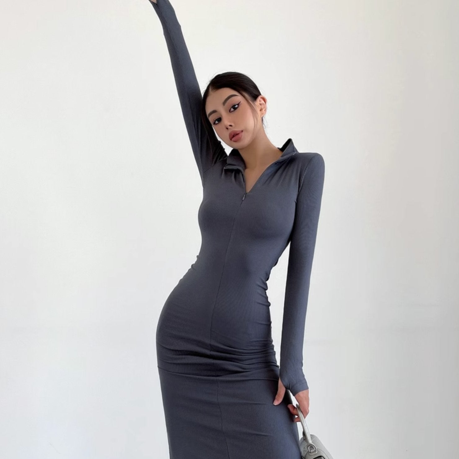 LONG SLEEVE ZIP UP DRESS - Stockbay