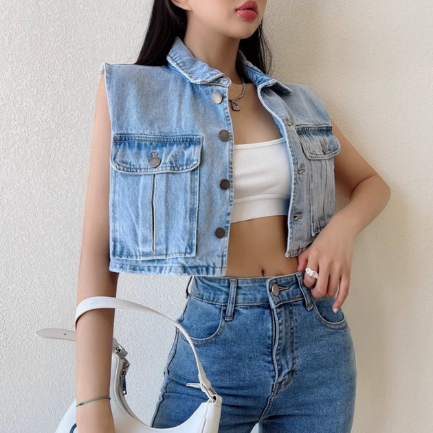 SLEEVELESS DENIM BUTTON UP - Stockbay