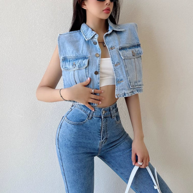 SLEEVELESS DENIM BUTTON UP - Aumori